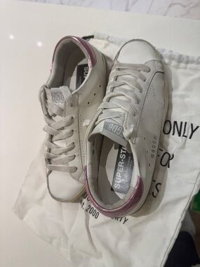 Golden Goose Women’s White Leather Sneakers with Metallic Pink Heel